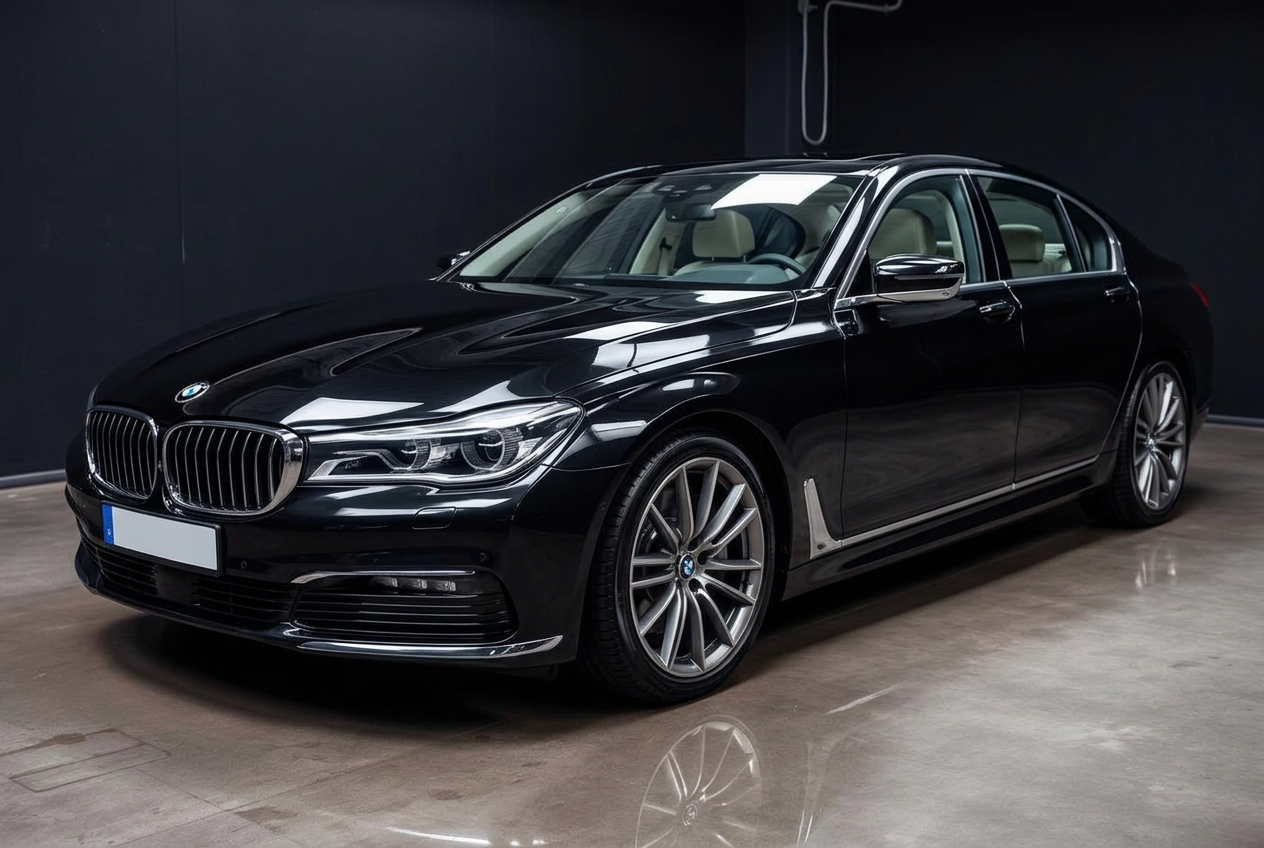 El mismo sedán negro con pintura espejo, llantas limpias y vidrios impecables después del detailing