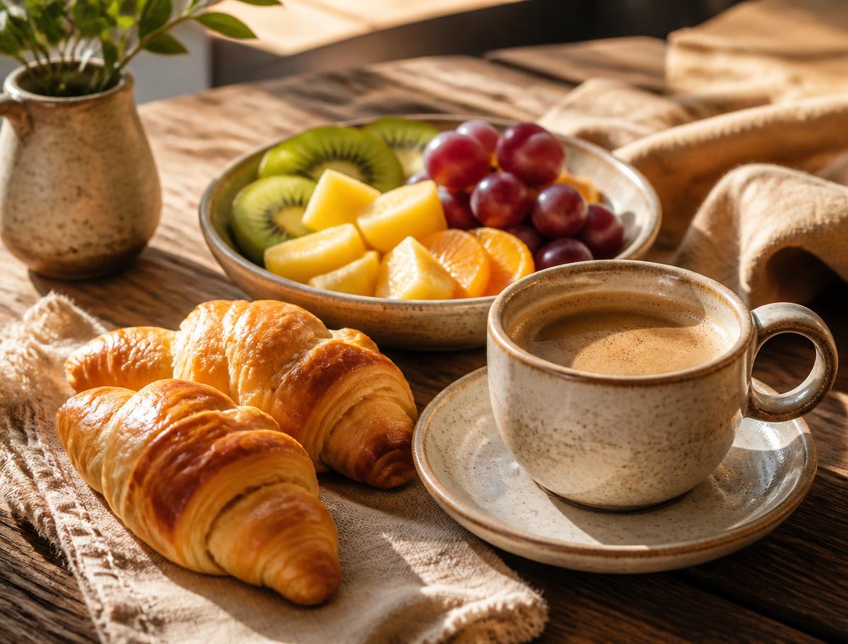 Desayuno con medialunas, fruta fresca y café servido en la mañana