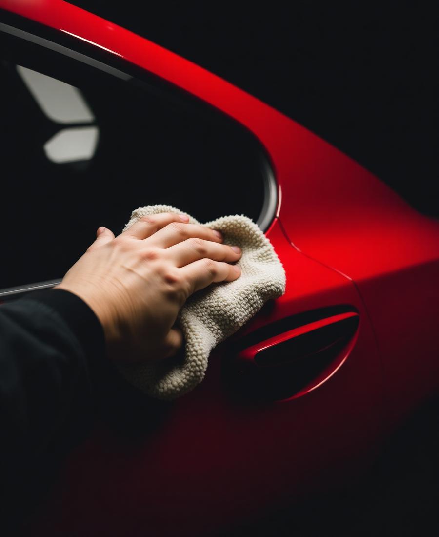 Paño de microfibra puliendo la puerta de un auto rojo