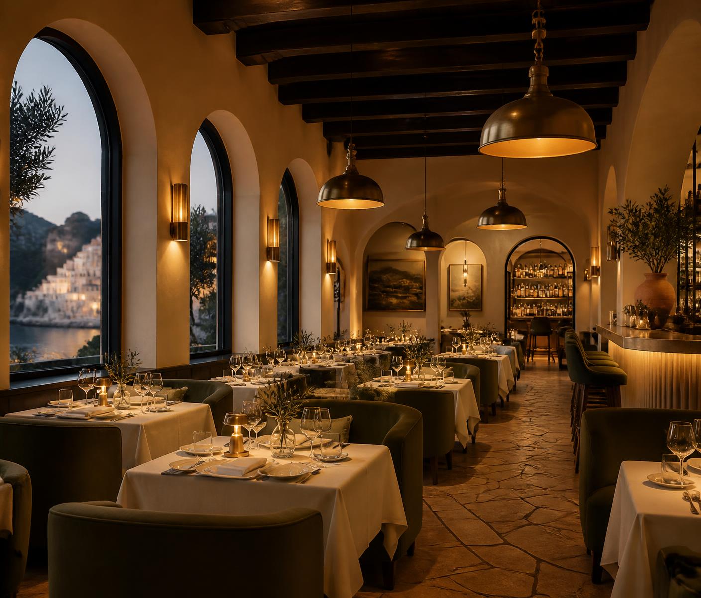 Interior cálido del restaurante con mesas preparadas