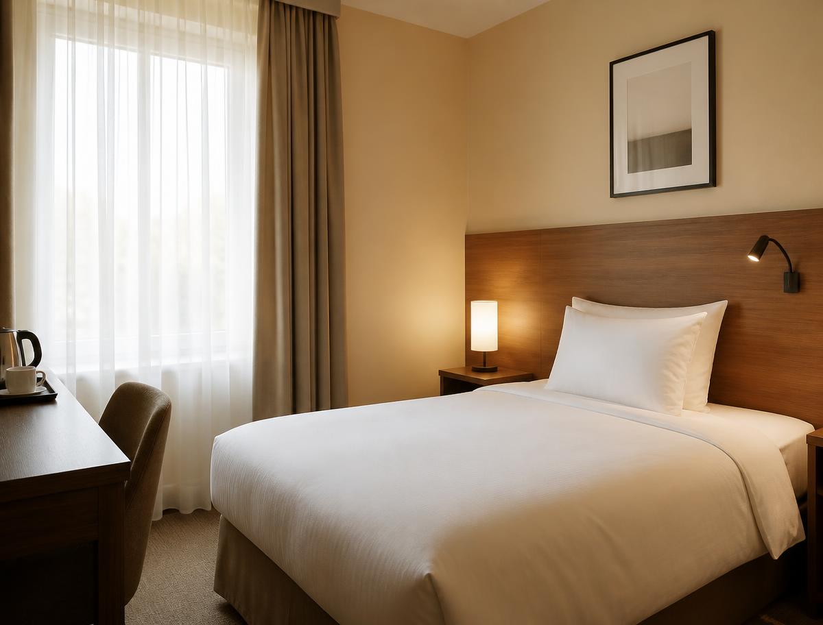 Habitación de hotel sencilla y confortable con ropa de cama blanca y luz natural