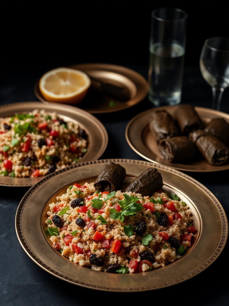 Tabbouleh y niños envueltos en platos de bronce