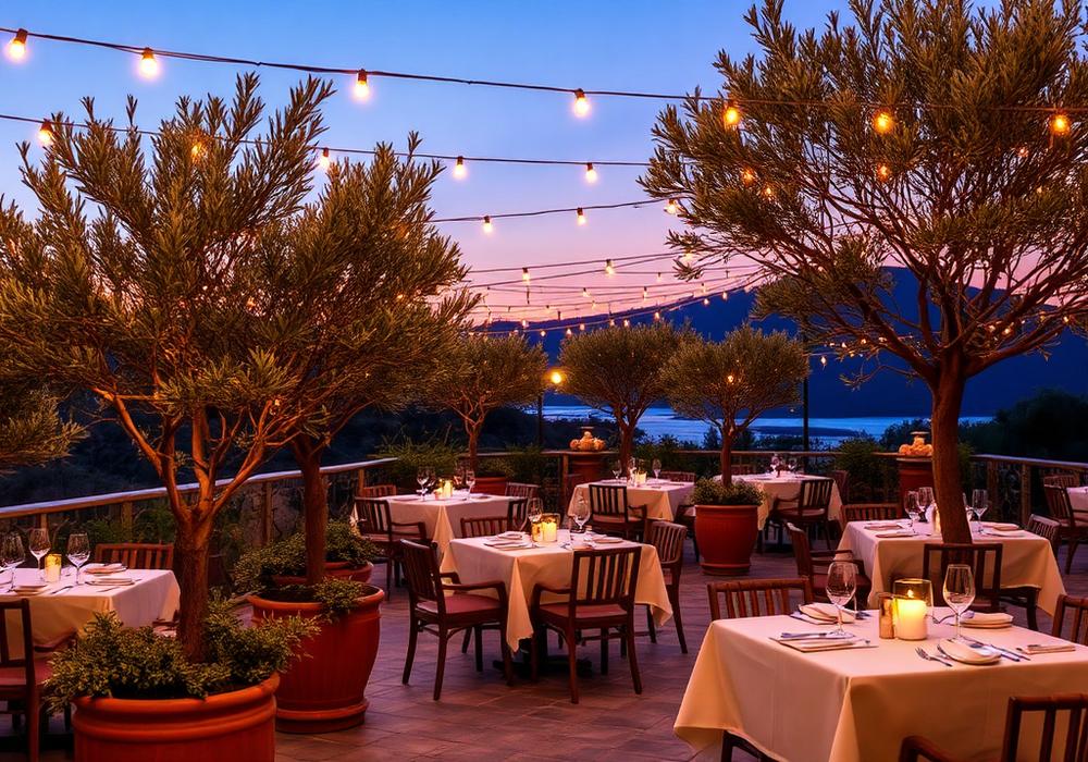 Terraza al aire libre con luces cálidas